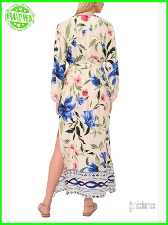 Long Sleeve Maxi Dress with V-Neck and Double Side Slits - Picture 2 of 3